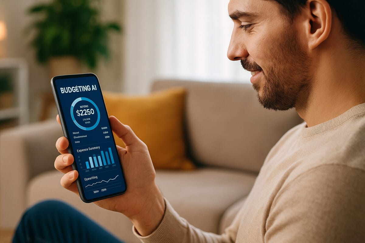 persona che utilizza un’app di budgeting ai su smartphone – budgeting assistito da ai persona che utilizza un’app di budgeting ai su smartphone – budgeting assistito da ai